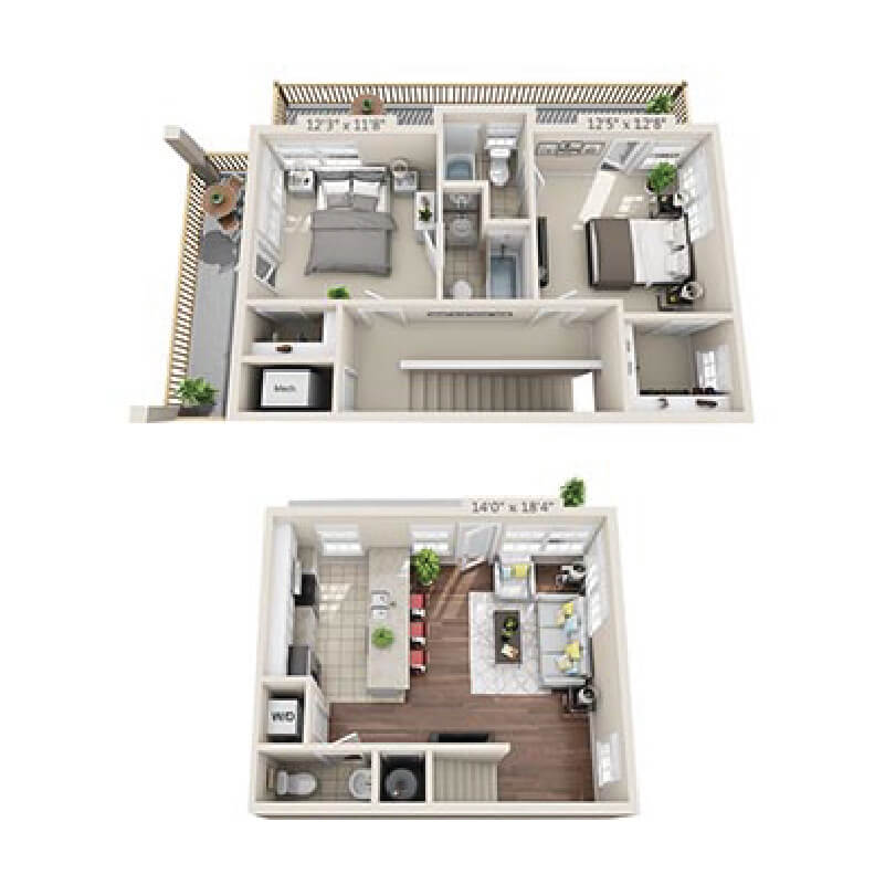 Floor plan of a 2 bed, 2.5 bath student apartment