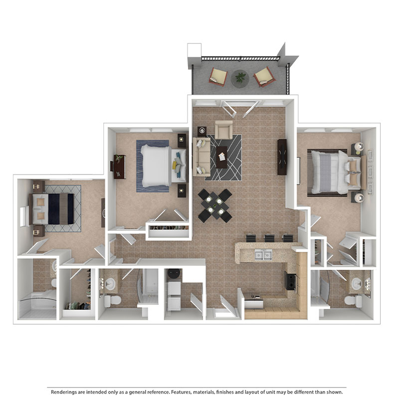 Floor plan of a 3 bed, 3 bath student apartment